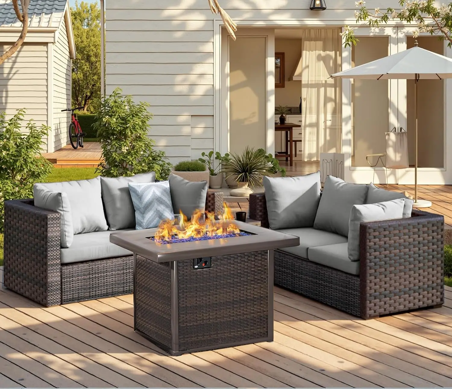 

Patio Furniture Set With Fire Pit Table 5 Piece All Weather PE Rattan Outdoor Sectional Sofa Couch With 4 X Arm, Customized