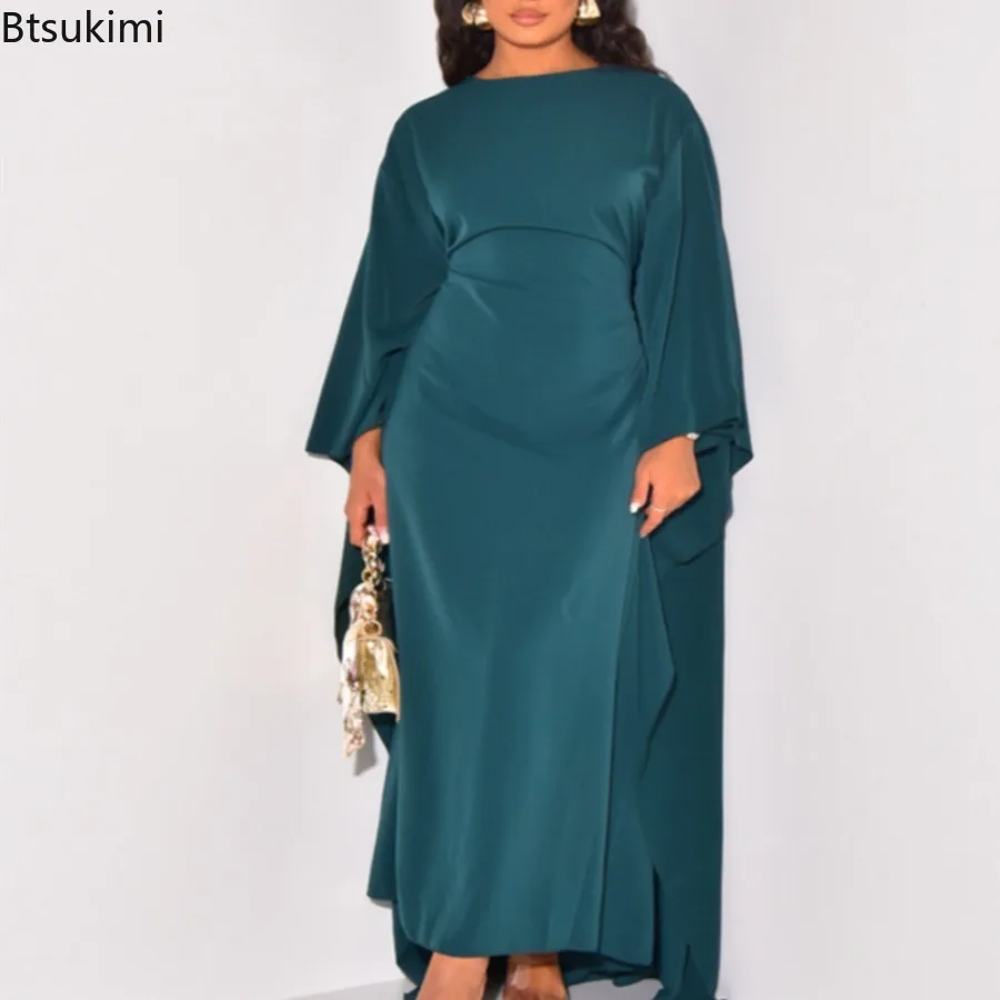 

Autumn Fashion Satin Party Dress Robe Abaya Muslim Dress Women Elegant Temperament Solid Round Neck Bat Sleeves Loose Maxi Dress