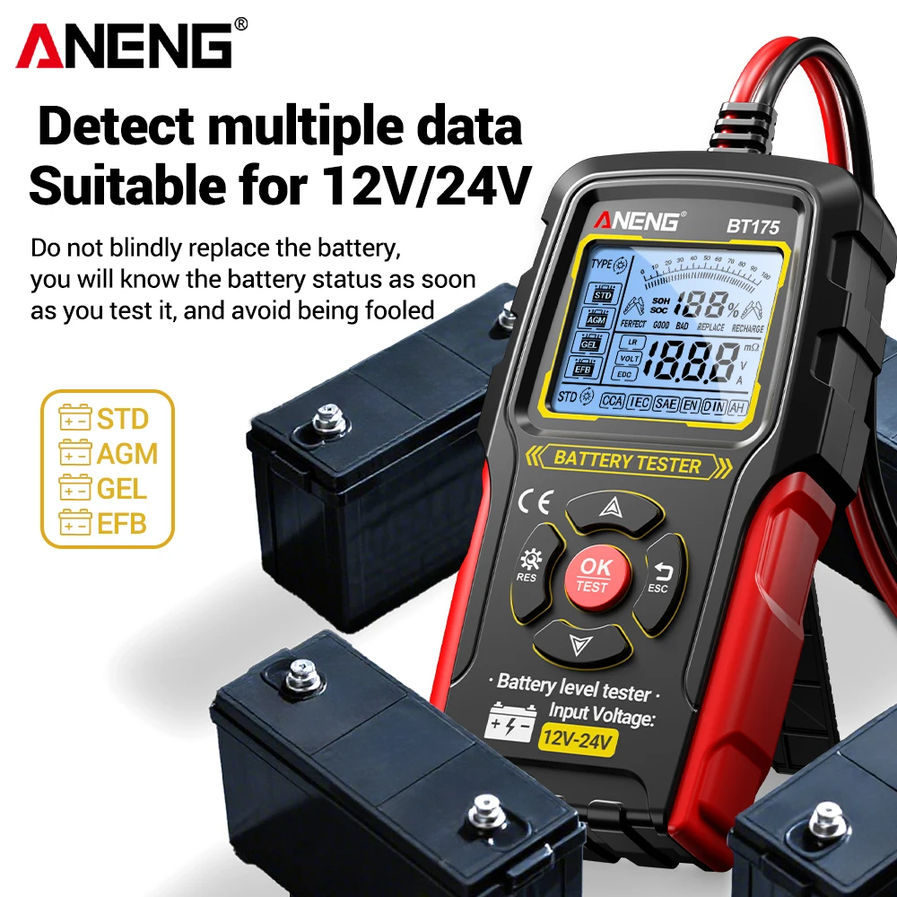 

Digital Car Battery Tester 12V 24V ANENG BT175 Alternator Automotive Analyzer With Display Screen Insulated Alligator Clip Tools