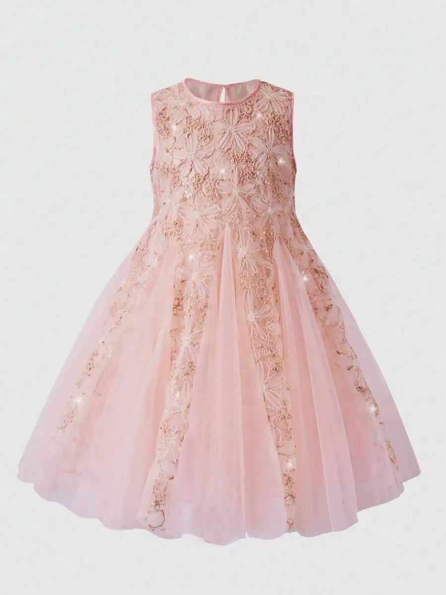 

Elegant Pink Mesh Floral Lace Fit And Flare Dress With Round Neck