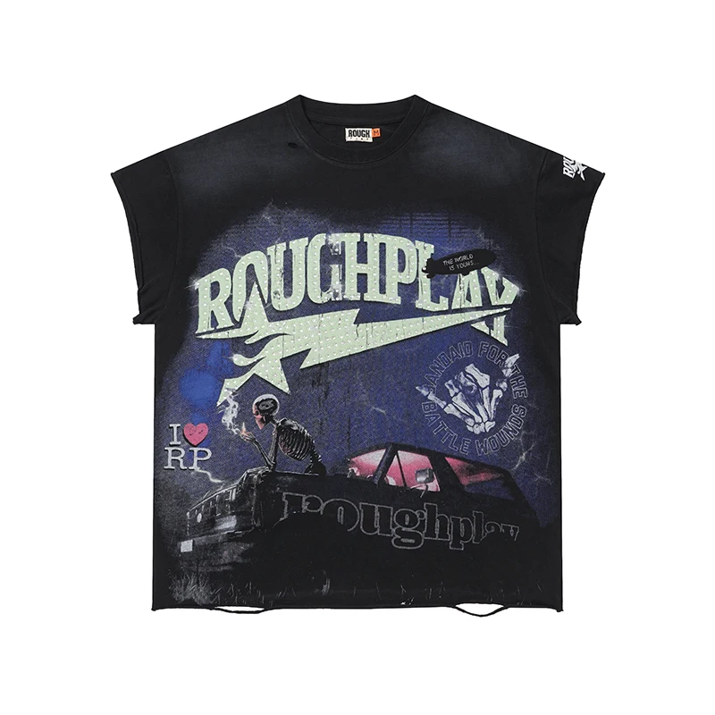 New Rough Play Men Oversized T Shirt Black Washed Distressed Rhinestone Skeleton Classic Car Print Street Basic Sleeveless Tank