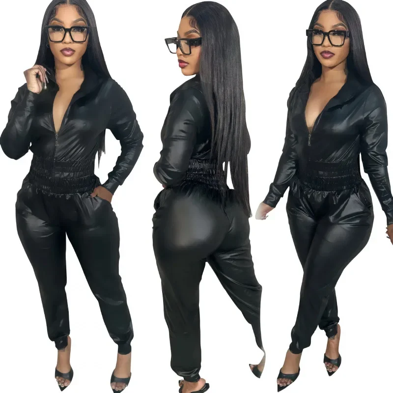 2026 New High Waist Deep V Neck Front Open Zipper PU Leather Jumpsuit Slimming Women Suit Multiple Colors Optional