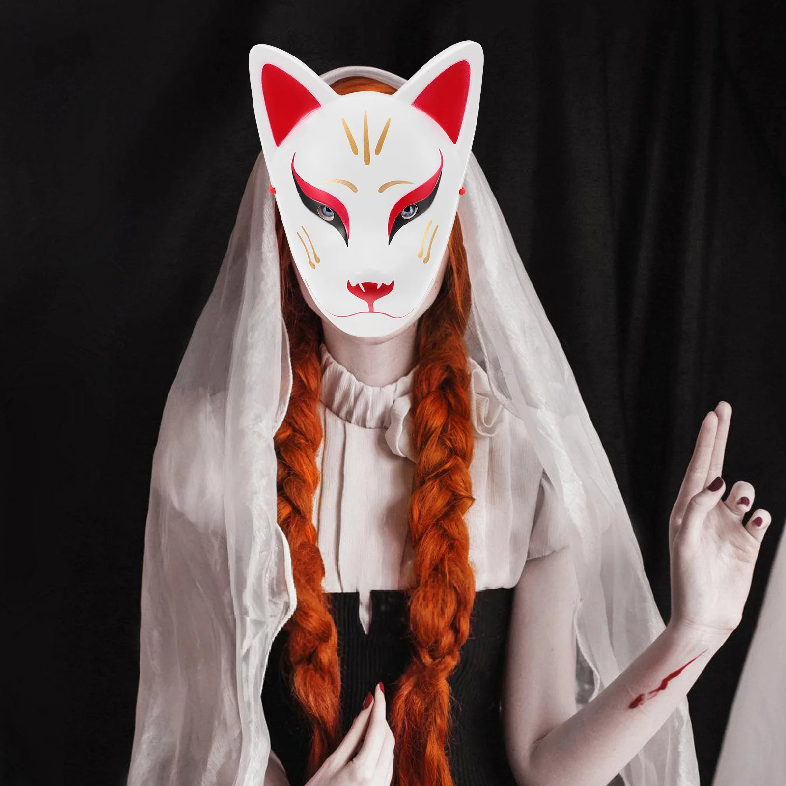 Maschera per il viso del gatto bianco Kitune giapponese volpe spaventosa costume di Halloween maschera per travestimento cosplay