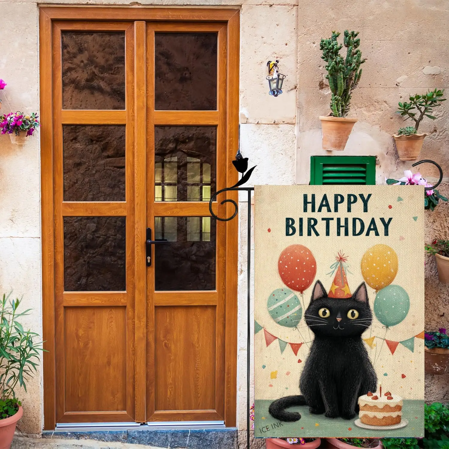 Ice ink Happy Birthday Black Cat Balloon Cake Flags 12x18 Inch Double Sided Linen Small Yard Flag House Flags for Outdoor Ho llz