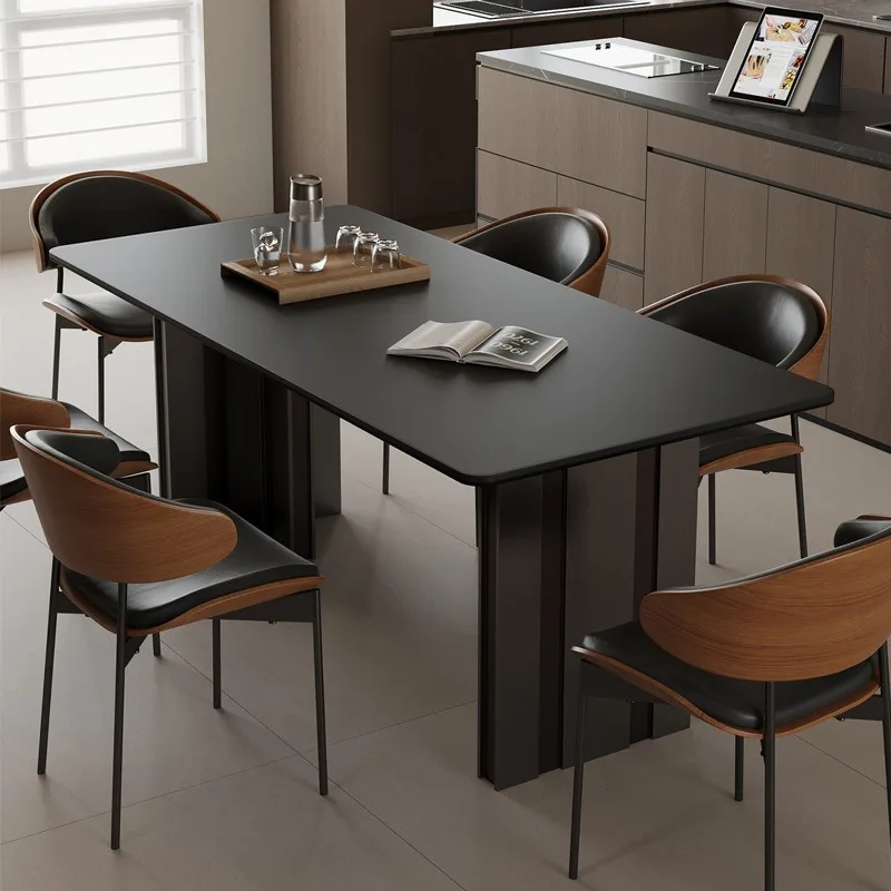 Household modern simple small apartment dining table, medieval rectangular black rock slab dining table