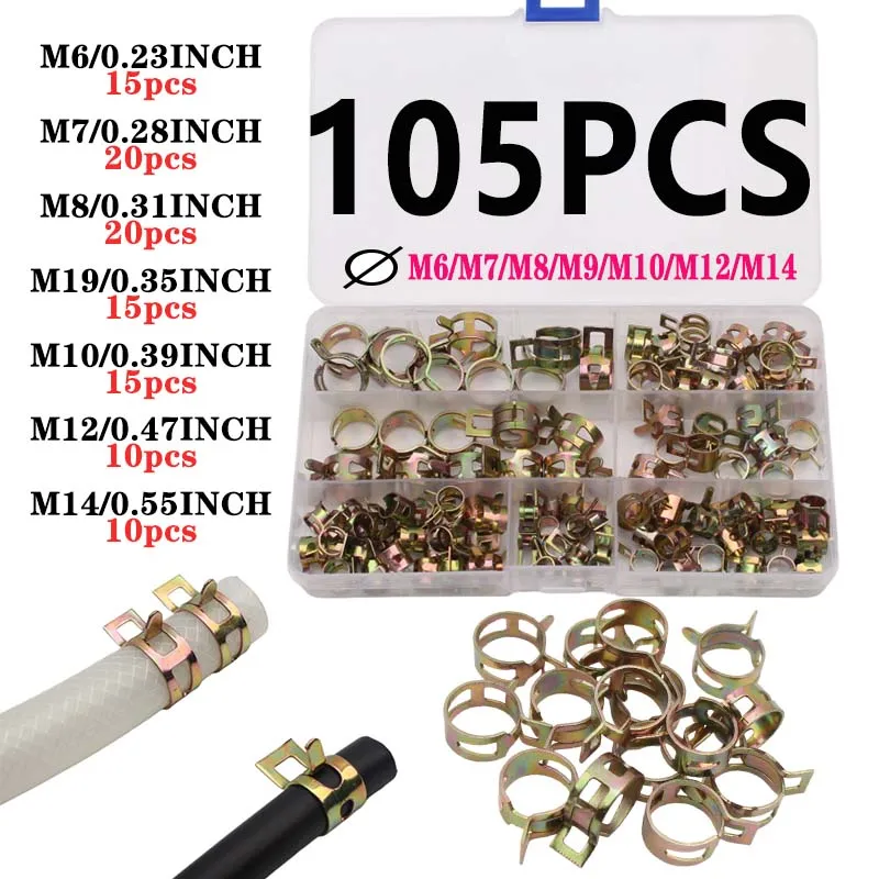 105Pcs /50Pcs Durable Hose Clamps |   7 Different Sizes, Designed Specifically to Withstand High-Pressure Environments |   Suitable for Fixing Water Pipes and Coolant Hoses, Designed to Withstand High-Pressure Environments. |   Color Zinc Elastic Clamps, Plate-Type Steel Snap Rings, Rubber Oil Pipe Clamps, Hose Clamps, Metal Hose Fastening Rings.