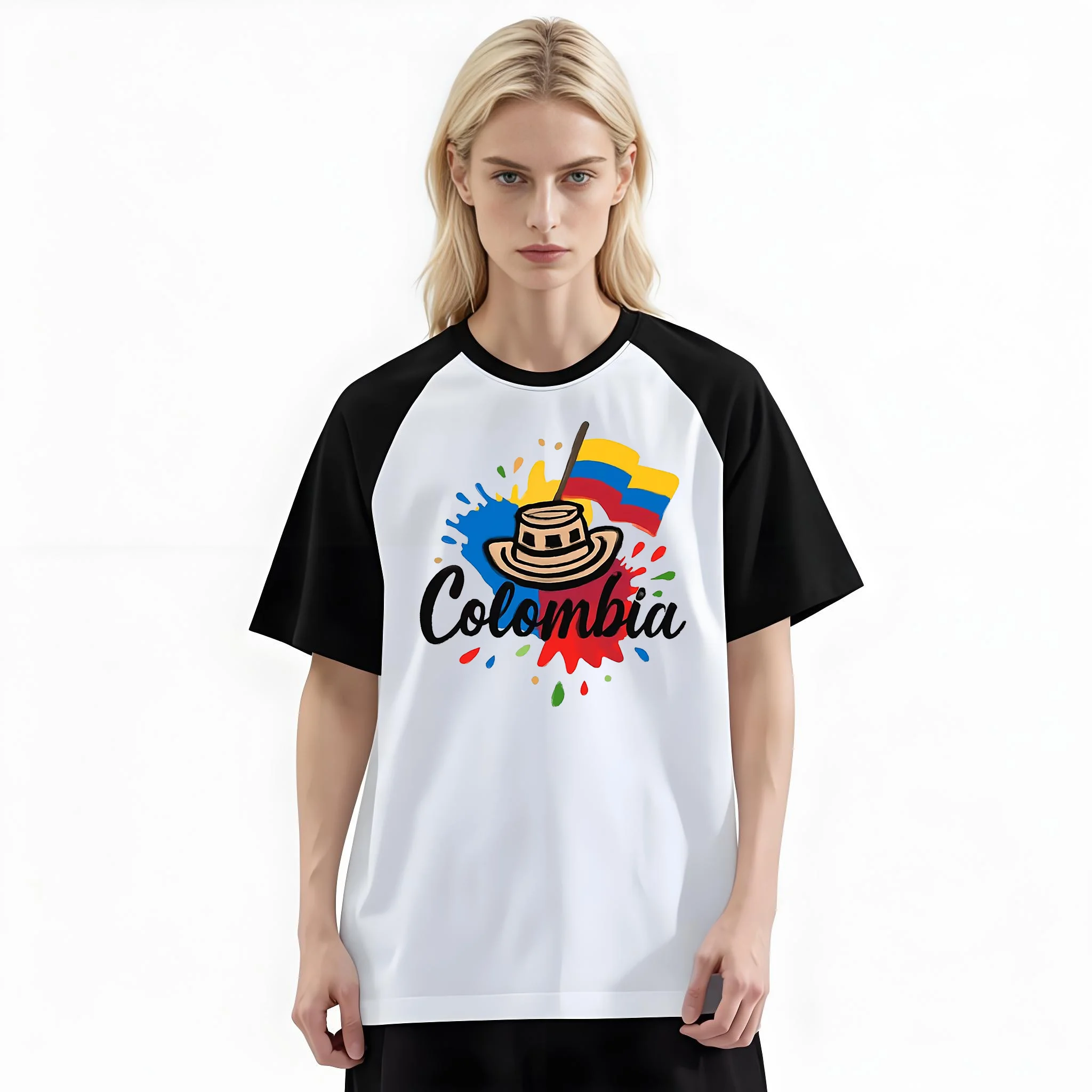 Women'S Fashion Raglan Sleeve T-Shirt, Colombia Flag Sombrero Splash Ink National Cultural Printed, Summer Casual Comfortable Tee, Women'S Everyday Short-Sleeve Top