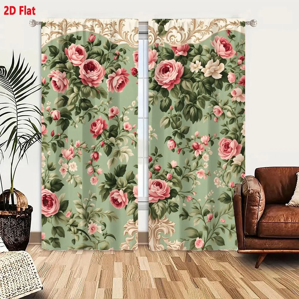 2Pcs Curtains Vintage Shabby Chic Floral Wallpaper With Pink Roses And Sage Green Background Window Drapes for Bedroom Room Deco