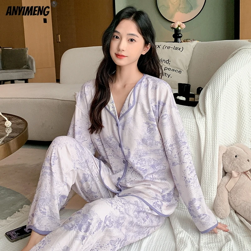 M-5XL Autumn Winter Woman Pajamas Set Chic Lapel Collar Sleepwear Lady Home Clothes Soft Faux Cotton Nightwear Casual Pijamas