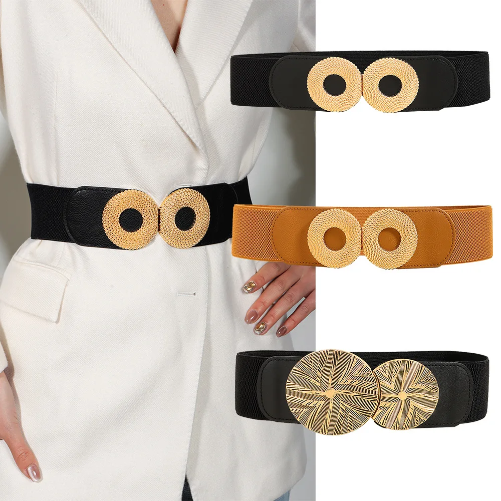 

Новый женский эластичный пояс с круговым узором и металлическим декором, модный аксессуар для костюма, трансграничный модный пояс-аксессуар