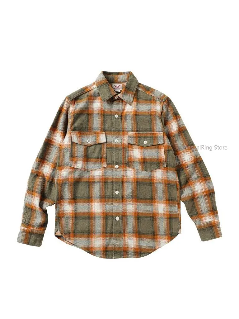 Men Amekaji Workwear Plaid Shirt Heavy Brushed Flannel Vintage American Washed Distressed Casual Top