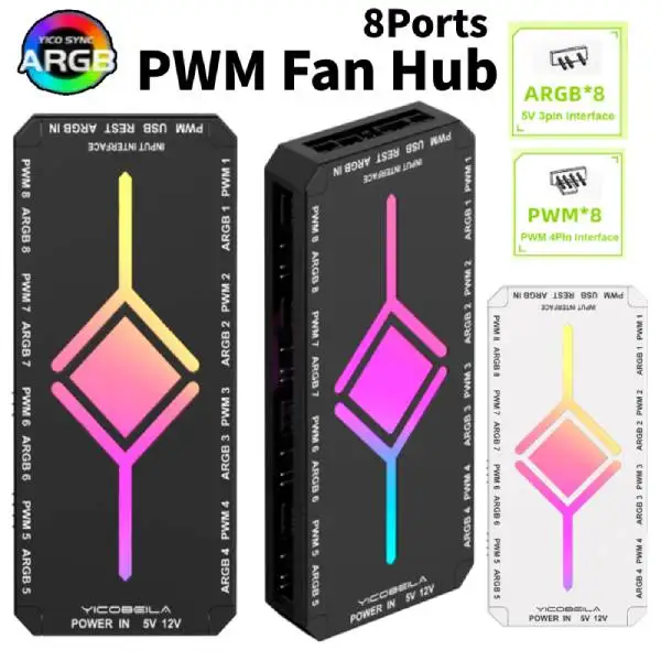 5V 3PIN ARGB 4PIN PWM HUB Computer Case Lighting Synchronous Bottom SATA Power Supply ARGB/PWM Hub Controller for PC Case Fan