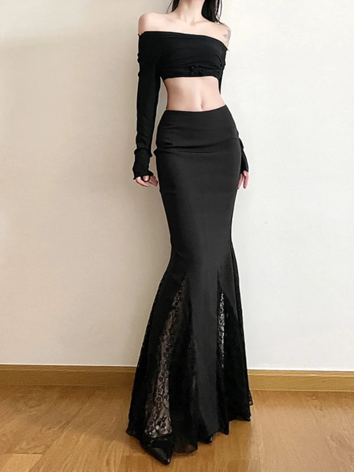 Lace Patchwork Fishtail Skirt Black High Waist Slimming Hip Wrap Maxi Skirt Sexy See Through Chic Design Mermaid Skirts