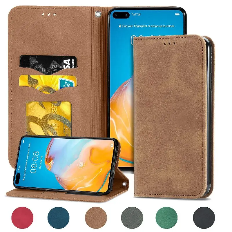 

Luxury Matte Leather Card Wallet Phone Case For Huawei Honor 70 60 Pro 50 30 20 10X 9X 8A 7C P Smart Magnetic Holder Flip Cover