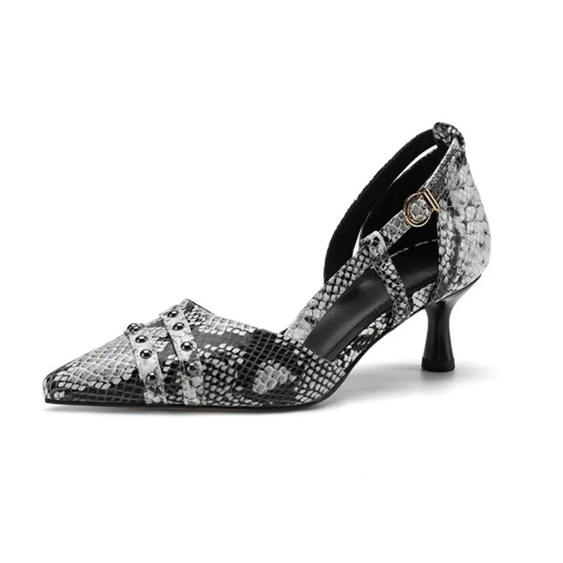 

Women Genuine Leather SandalsNew Spring Summer Dress Shoes Ladies Snake Pattern Stiletto Large Size Shallow Pointed Toe Shoes