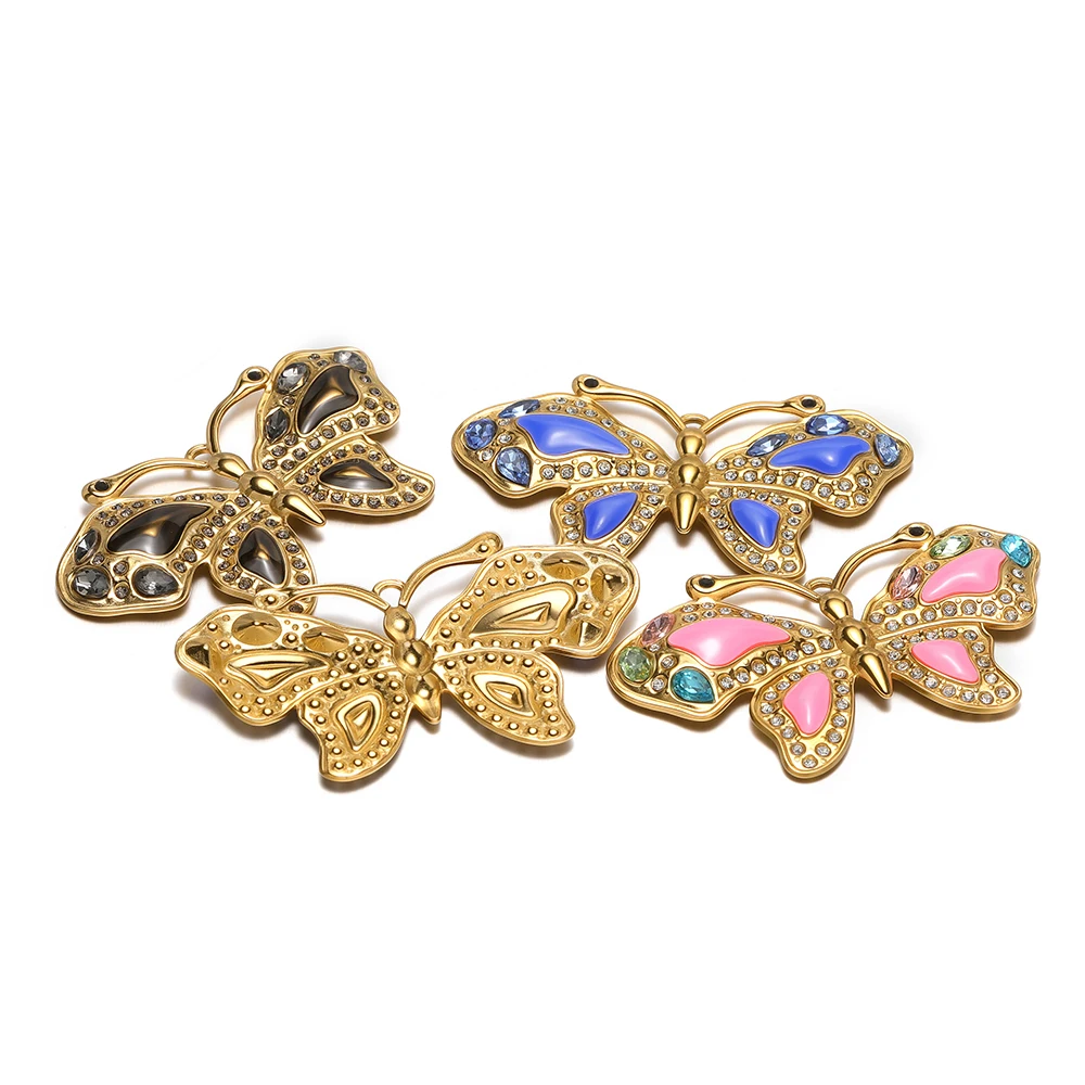 

2pcs Stainless Steel Exquisite Butterfly Zircon Pendants Enamel Charms for DIY Jewelry Crafts Making Necklace Earrings Supplies