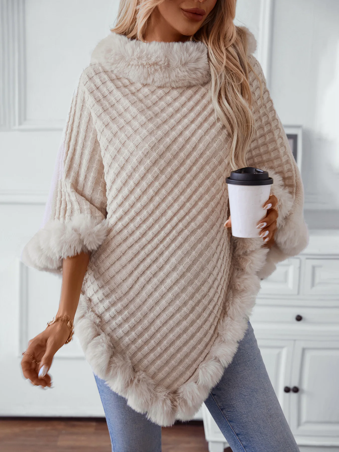 Abrigo de punto grueso con capucha para mujer, patrón a cuadros con ribete de piel sintética, suéter cálido de invierno, ropa de abrigo informal retro