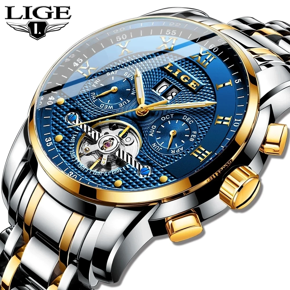 LIGE Automatic Men Watch Mechanical Watches Tourbillon Watches For Men Luminous Calendar Watches Waterproof Business Wristwatch