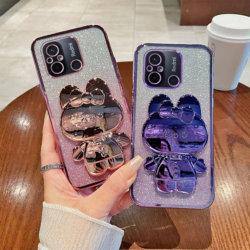 For Redmi 12C Poco C55 Luxury Gradient Glitter Makeup Mirror Rabbit Folding Stand Silicone Back Cover Xiaomi Redmi12C PocoC55