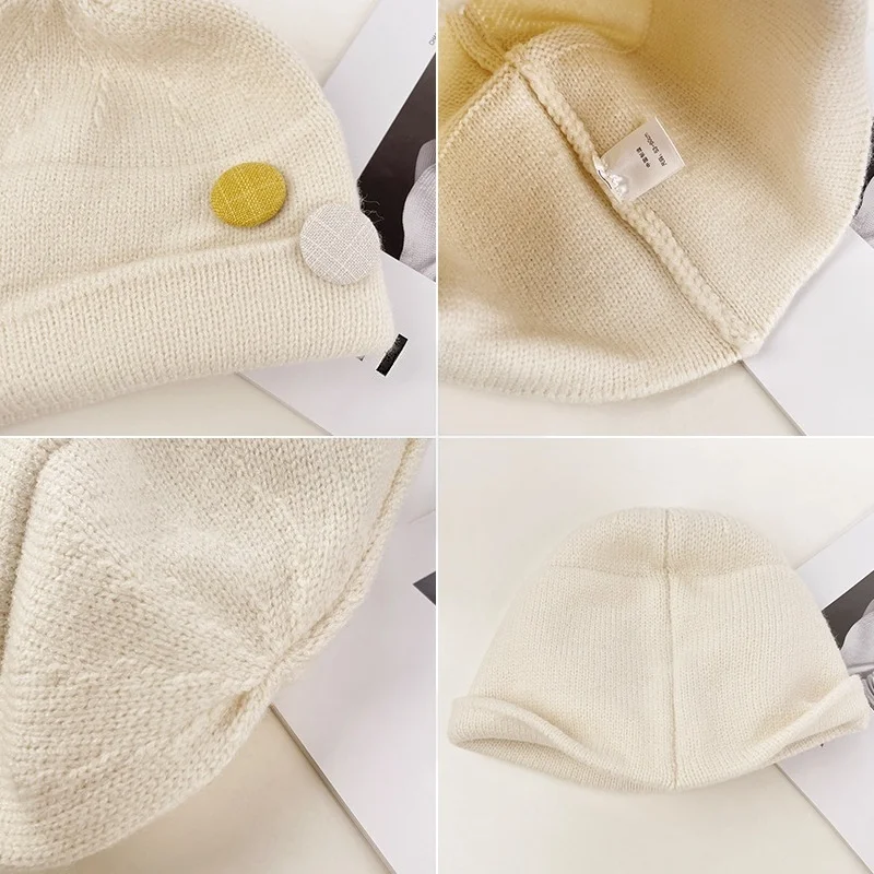 Autumn and Winter Women's Knitted Beanie Hat with Side Flaps and Double Buckle Decoration, Soft and Skin-Friendly, Cold-Proof and Warm, Suitable for Outdoor Skiing and Travel, Versatile Pullover Hat in Multiple Colors