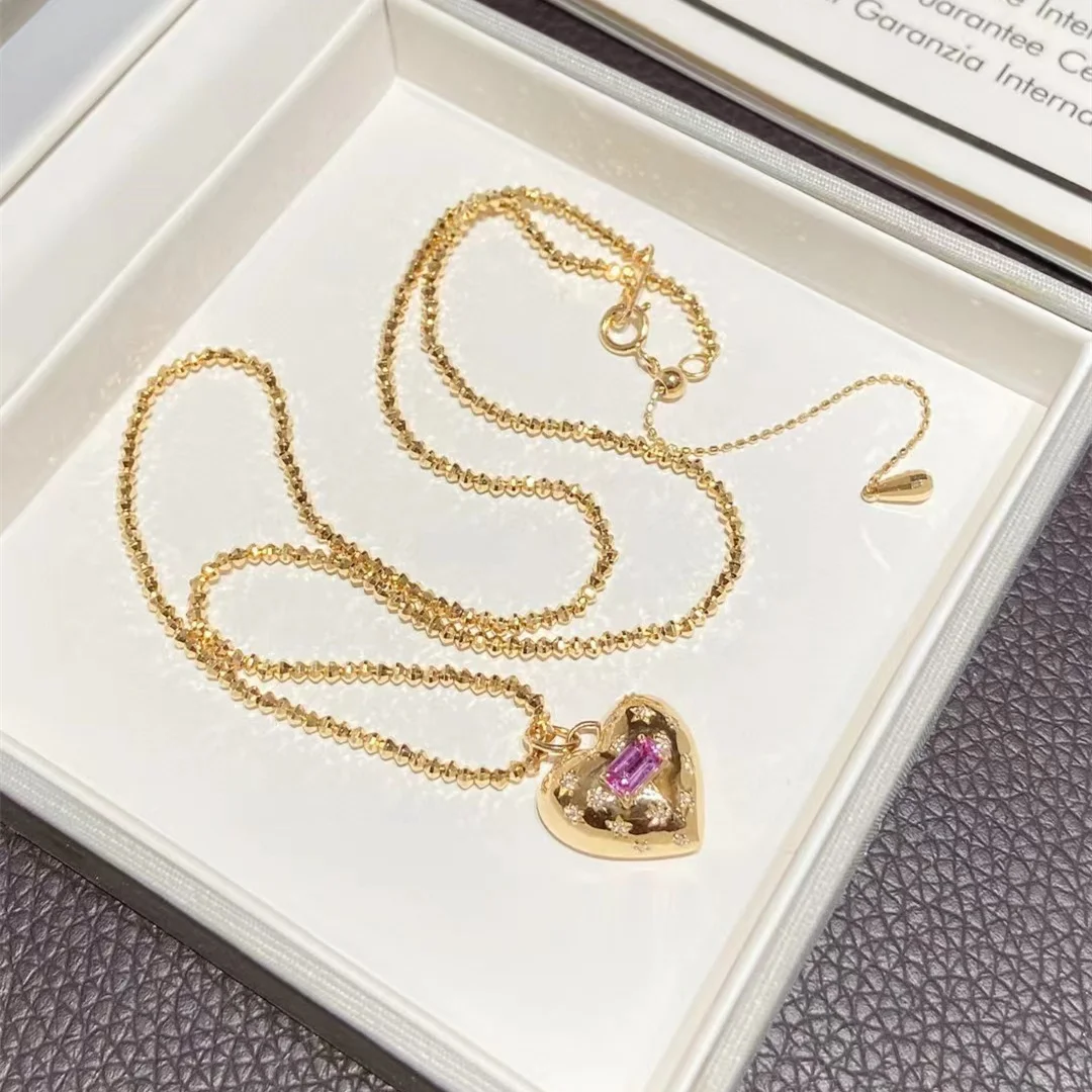 

Heart Pink Sapphire Pendant Necklace 18K Gold Solid Yellow Gold Jewelry(AU750)Women Fashion Wedding Necklace Fine Customize Lady