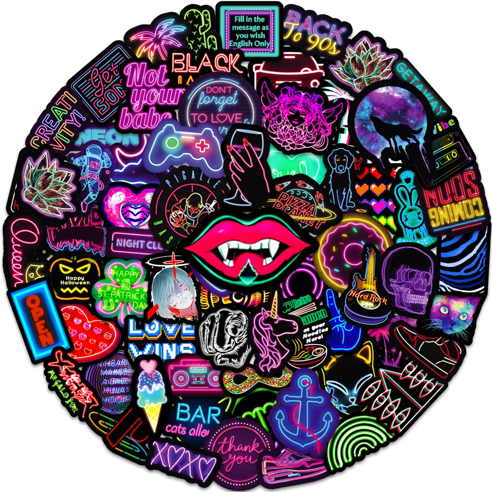 10/30/50pcs Cartoon Neon Light Stickers Cool Graffiti Skateboard Laptop Phone Fridge Bike Waterproof Kids Toy Decal Kids Sticker