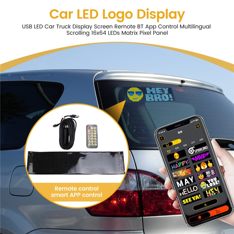-A96Z USB LED Car Truck Display Screen Remote BT App Control Multilingual Scrolling 16*64 Leds Matrix Pixel Panel