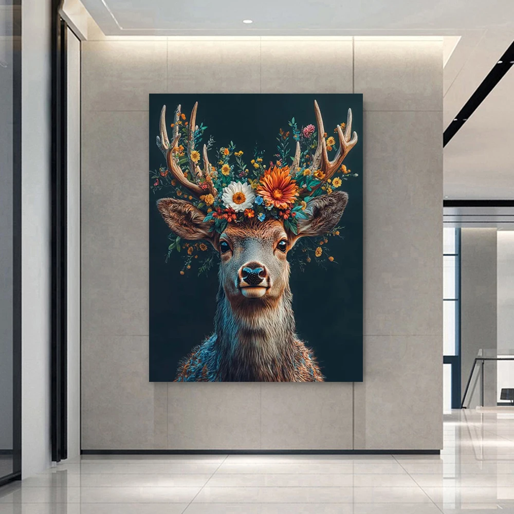 Majestic Deer Portrait with Floral Antlers Canvas, Woodland Animal Wall Art, Nature Home Decoration, Boho Rustic Canvas Print