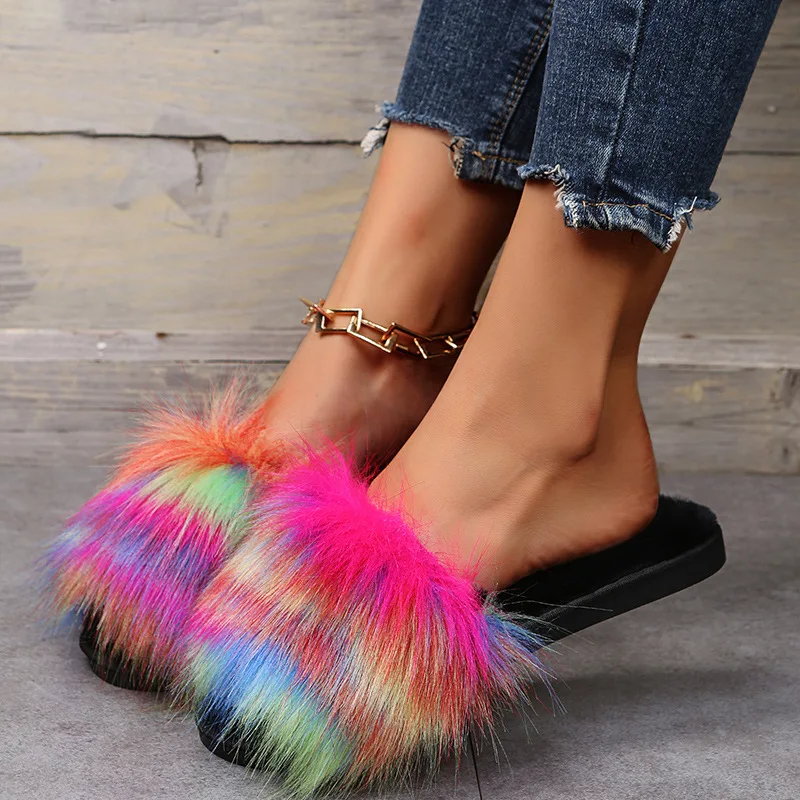 Hot Sale New Mix Color Long Plush Slippers Women Fashion Colorful Flat Heels Soft Fur Slides Women Slip on Outdoor Slippers