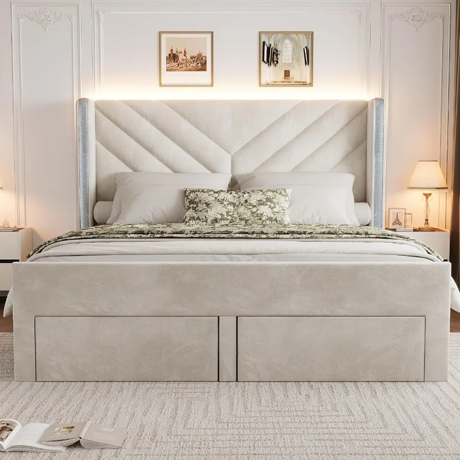 Queen Size Bed Frame with Headboard and Storage Drawers Velvet Upholstered Bedframe with Wingback Headboard Platform Bed with L