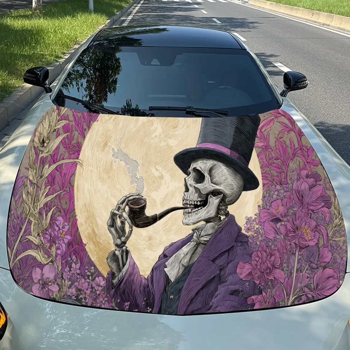 

Eerie Purple Suit Skeleton with Top Hat Car Engine Hood Vinyl Wraps Sticker, Trendy Auto Cover Decal, Waterproof Self-adhesive V