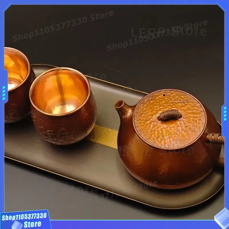 Vintage Handmade Copper Teapot Set with 2 Cups and Tray Simple Chinese Kung Fu Tea Ware Gift for Friends Family Home Decor