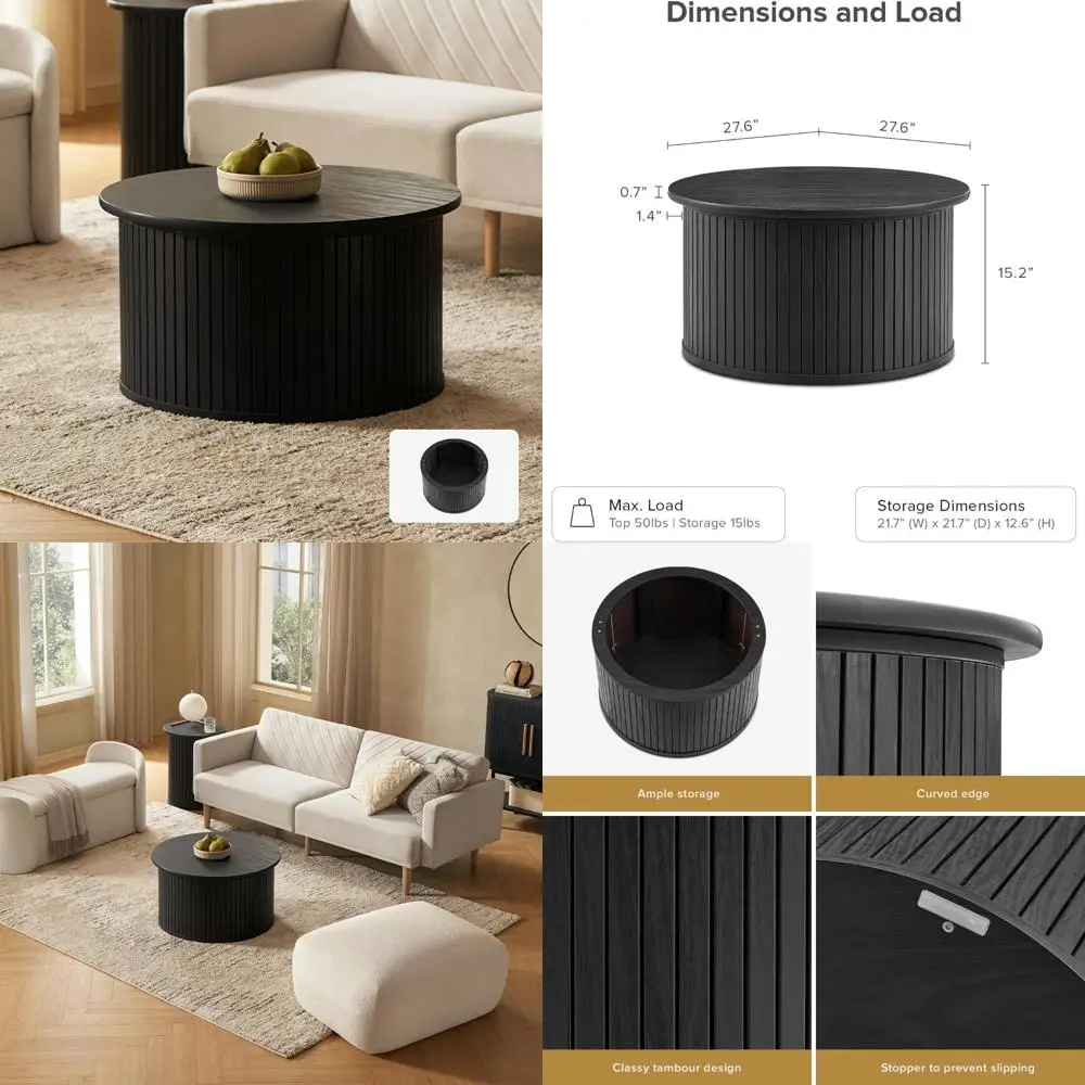 

Журнальный столик пятибур круглый с местом для хранения вещей, акцент барабана, современный середина века, дерево, рифленый центр, чайный столик с удалением