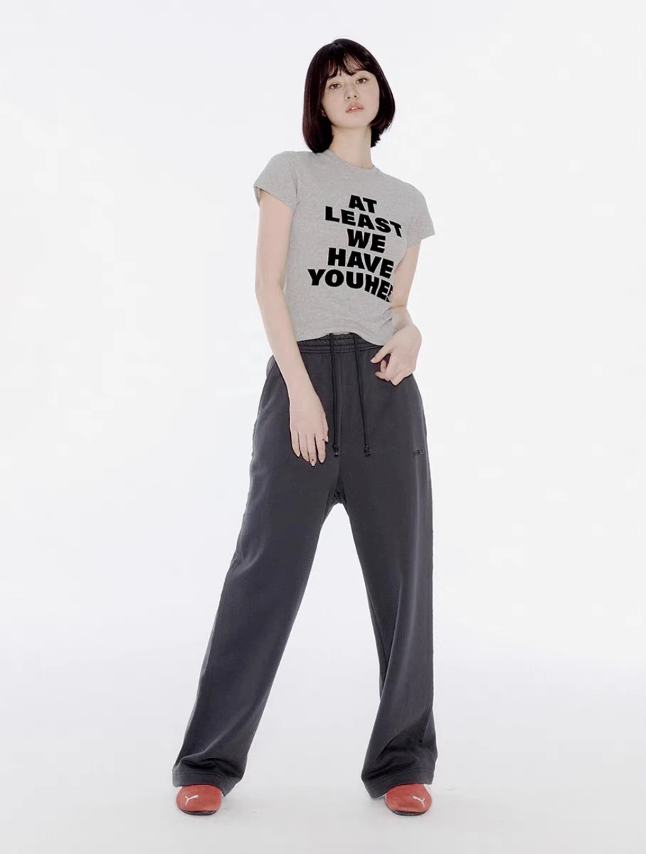 Pantalones de pierna recta informales holgados de pierna ancha para mujer, pantalones de chándal coreanos Sle de algodón 00%, pantalones largos con letras bordadas