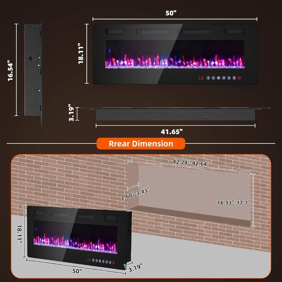 50 inches Electric Fireplace for Living Room Wall Mounted with Remote Control Timer Dimmer 12 Flame Colors 750 1500W Ultra Thin