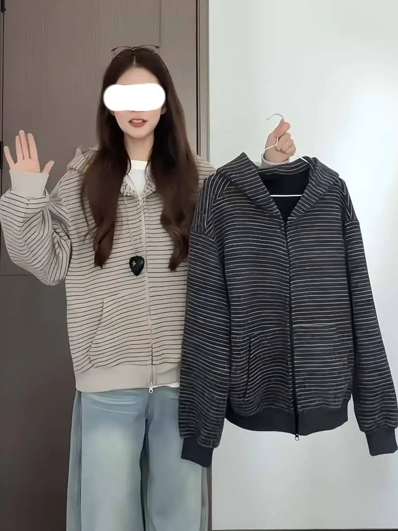 

Повседневный свободный кардиган-худи на молнии с полосатым узором в корейском стиле, с длинными рукавами, стандартной длины, для повседневной носки, ветрозащитный, китайское производство.