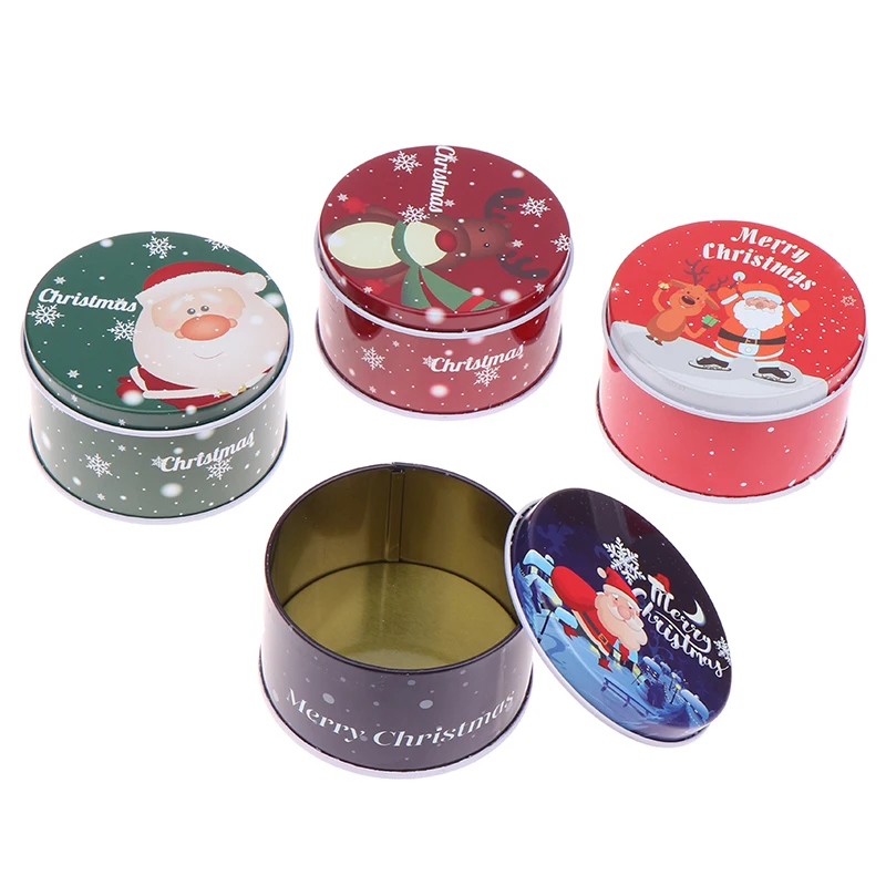 1Pc Tinplate Christmas Candy Can Round Cartoon Santa Claus Elk Letter Printed Box Xmas Candy Chocolate Cookie Box Small Gift Box