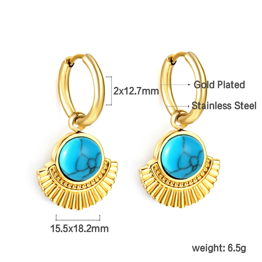 LUXUKISSKIDS Luxury Turquoise Drop Earrings Vintage Woman Steel Blue Stone Round Dangling Pendients Fashion Party Accessories