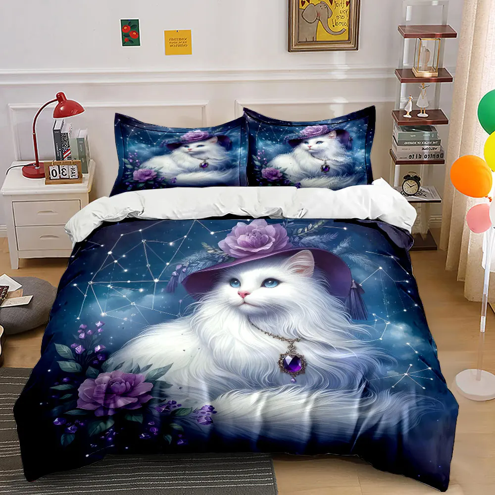 White cat with floral hat and starry background Print Bedding Set 1 Duvet Cover 2 Pillowcases for Adult and Children Luxury Gift