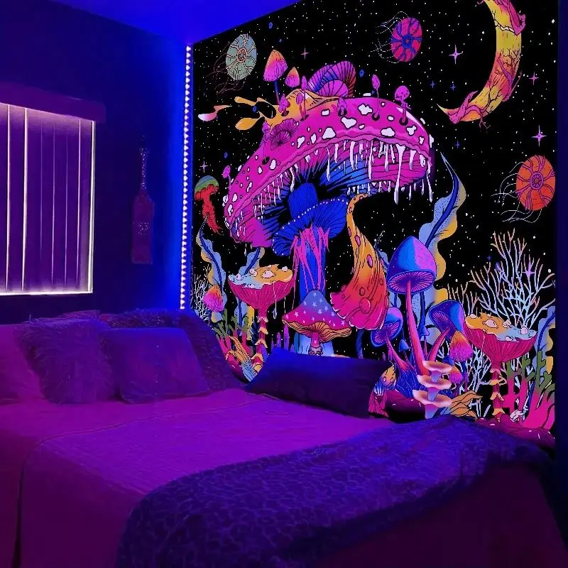 VIKAMA Blacklight Mushroom Tapestry UV Reactive Trippy Star Moon Galaxy Wall Hanging Psychedelic Decor for Bedroom Dorm