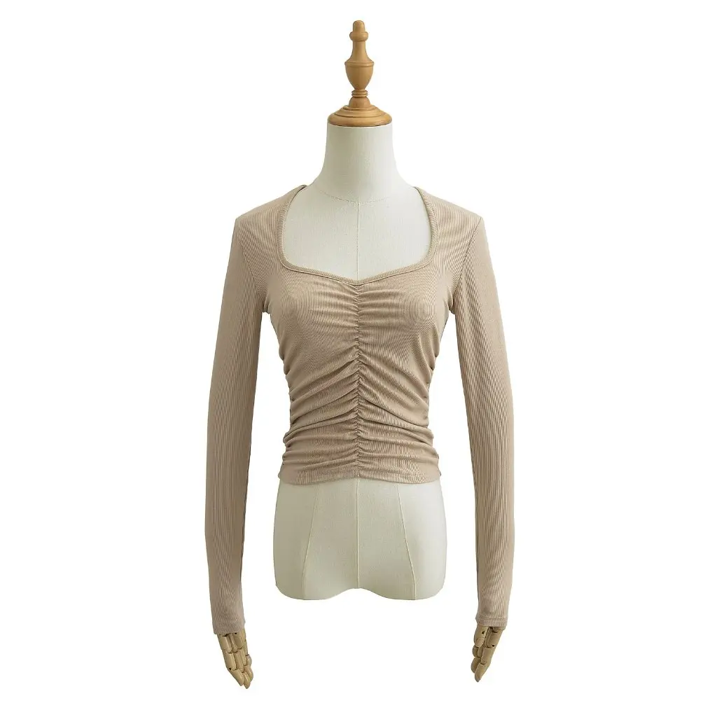 

Women's Large V-Neck Slim Fit T-Shirt with Pleated Leak Collarbone Long-Sleeved Stretch Short Top Niche Design
