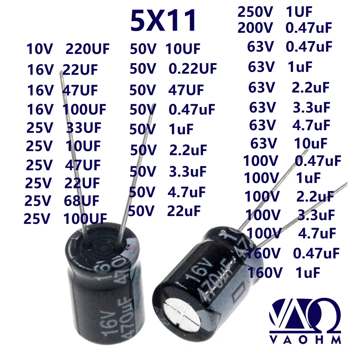 20PCS 10uF 22uF 33uF 47uF 100uF 10V 16V 25V 50V 63V 100V 160V 220V 250V Capacitor Eletrolítico de Alumínio 5*11MM