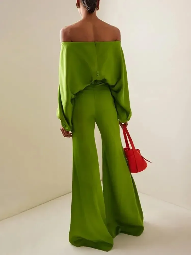 Tinaa Autumn Green Suits for Women 2024 Fashion Off-The-Shoulder Blouses & Casual Office High Waisted Wide Leg Pants