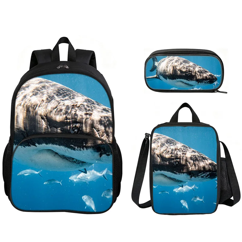 Shark 3Pcs Set with Front Pocket Backpack School Bag with Lunch Bag Pencil Case Lightweight Large Capacity Multi-function