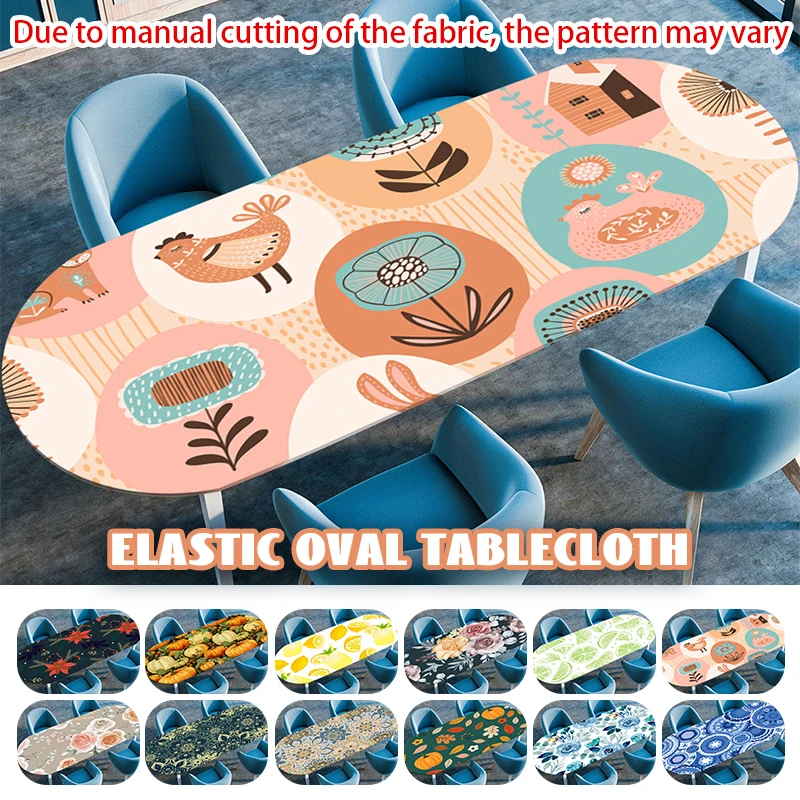 Oval Elastic Coffee Table Cover Flower Printed Rustic Table Cloth Waterproof Oil-proof Kitchen Dinner Tablecloth