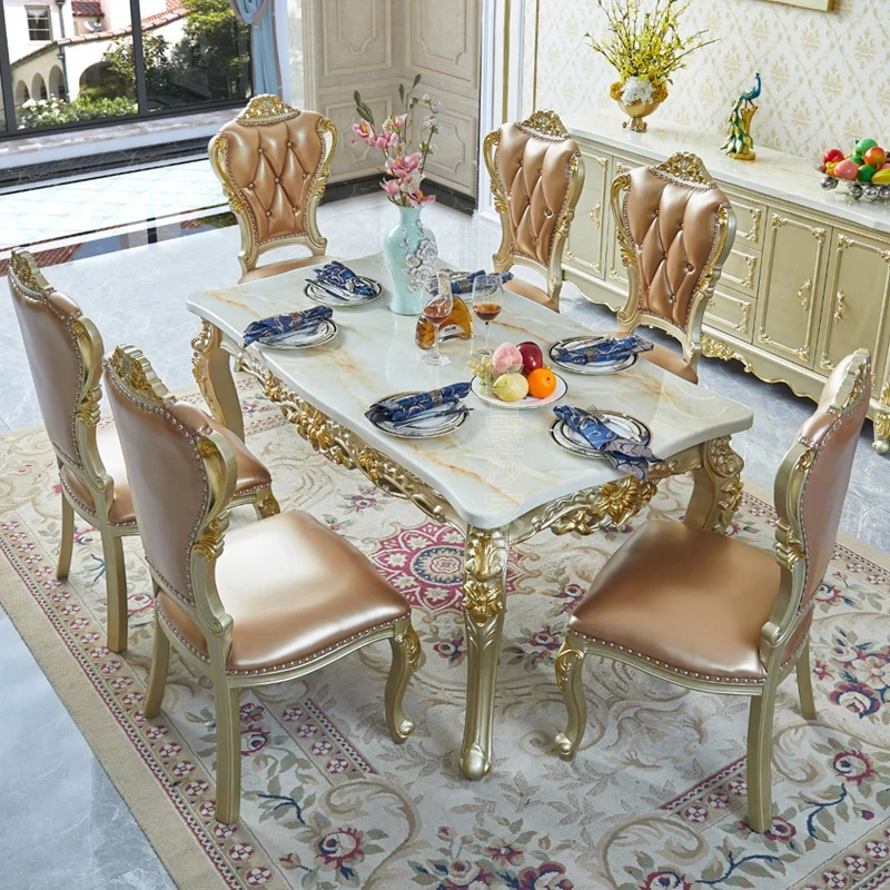 Dining Room Furniture Marble European-style Rectangular Square Table Luxury Villa Solid Wood Fragrance Betel Color