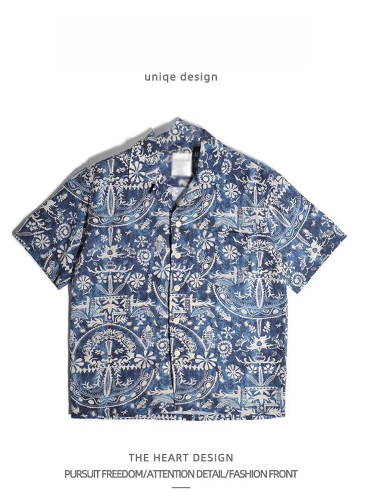 

American Cuban Collar Shirt Short-sleeved Men Women Cashew Flower Hawaiian Shirt Loose Full Seal Casual Handsome Trendy Shirt
