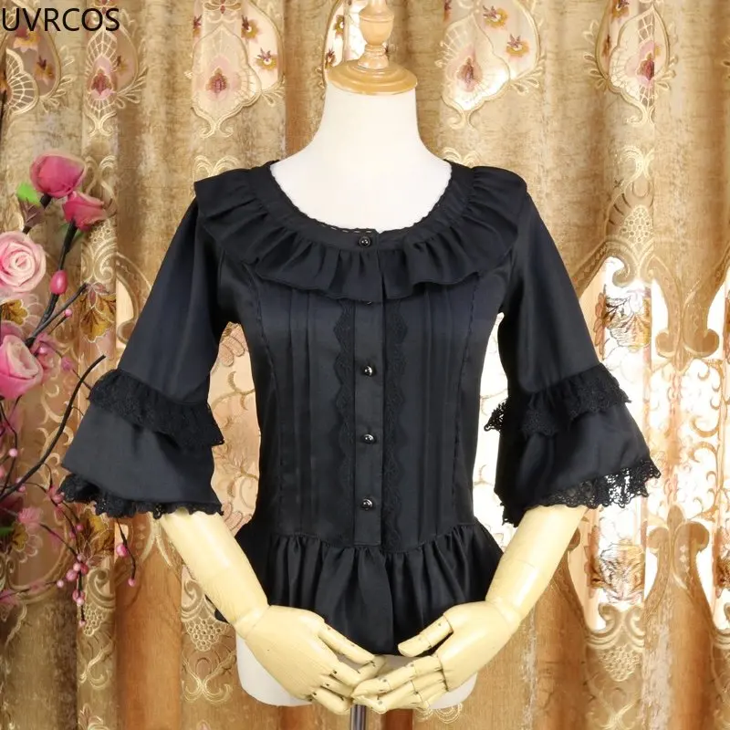 Japanese Vintage Victorian Lolita Blouses Women Kawaii Ruffles Collar Lace Flare Sleeve Shirts Girly Elegant Slim Chiffon Tops