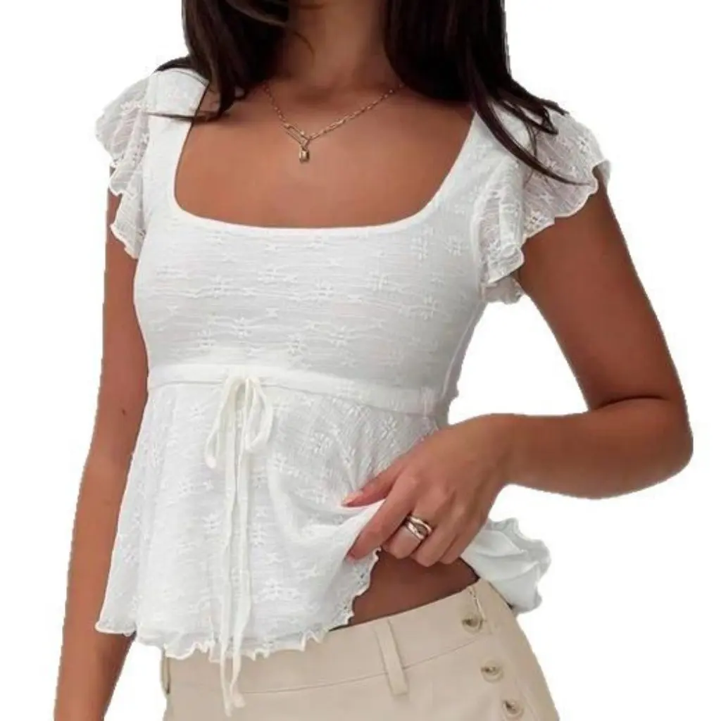 

Slim Fit Short Sleeve T-shirt for Women European And American Style Bubble Wrinkle Ear Lace Half Sleeve Top for Spring Summer