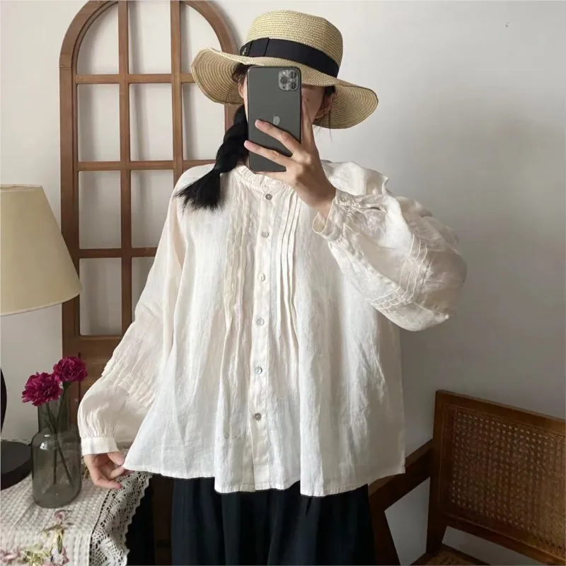 

Johnature Ruffles Linen Women Tops 2024 Spring New Vintage Solid Color Pleated Loose Casual Simple All Match Women Shirts